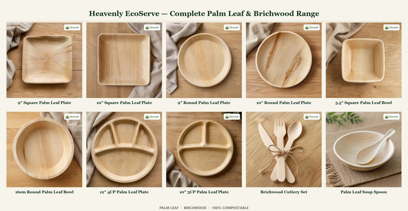 Heavenly EcoServe full product range — palm leaf plates, bowls and birchwood cutlery